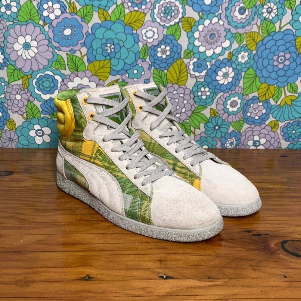 ##RARE## Puma First Round Flipper White Suede Plaid Hi Tops Size:8.5